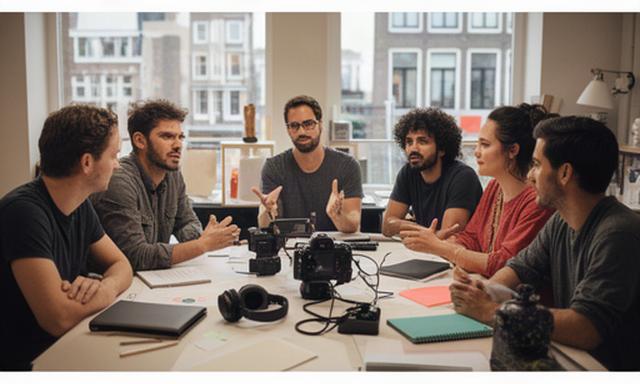 Redacteuren bespreken een nieuwe mediaproductie aan een werktafel in Rotterdam