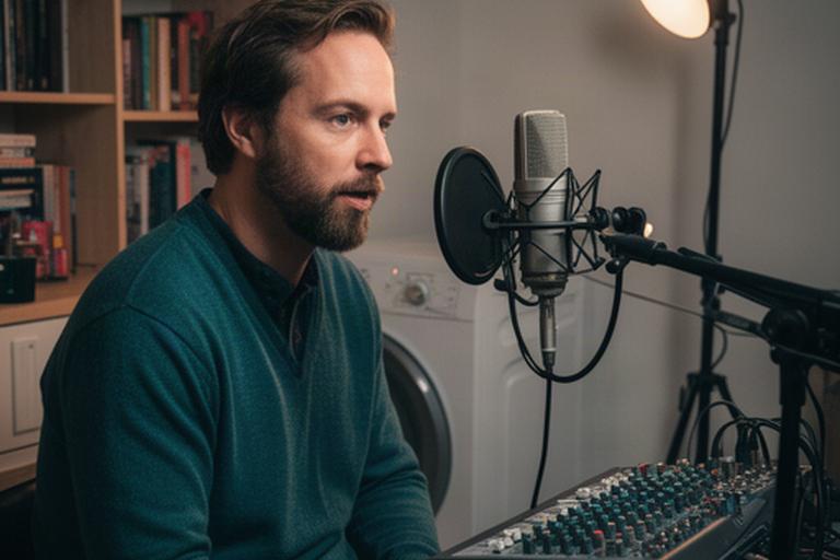 Rotterdamse videocastmaker in een compacte thuisstudio met microfoon, lampen en mengpaneel
